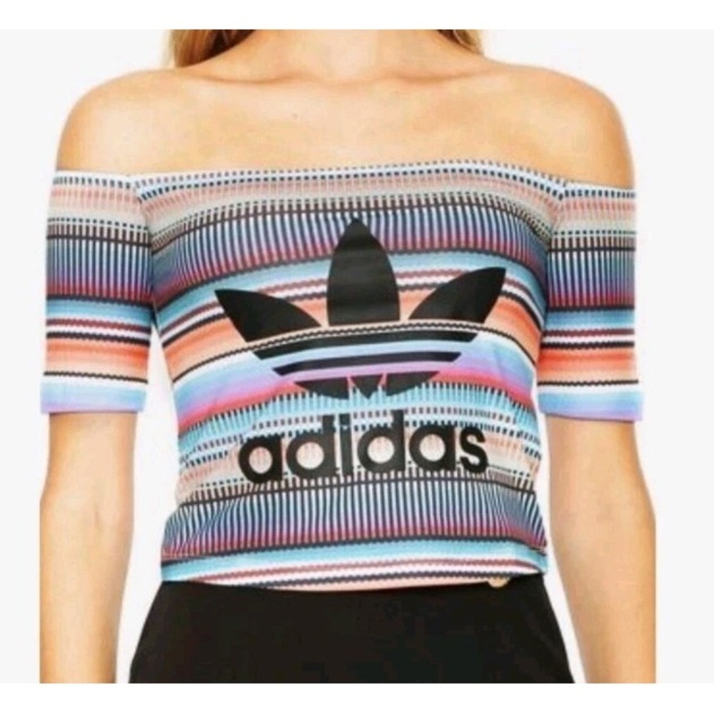 ADIDAS ORIGINALS Women's Striped Multicolor Off The Shoulder Shirt Crop Top Sz L - Picture 3 of 10